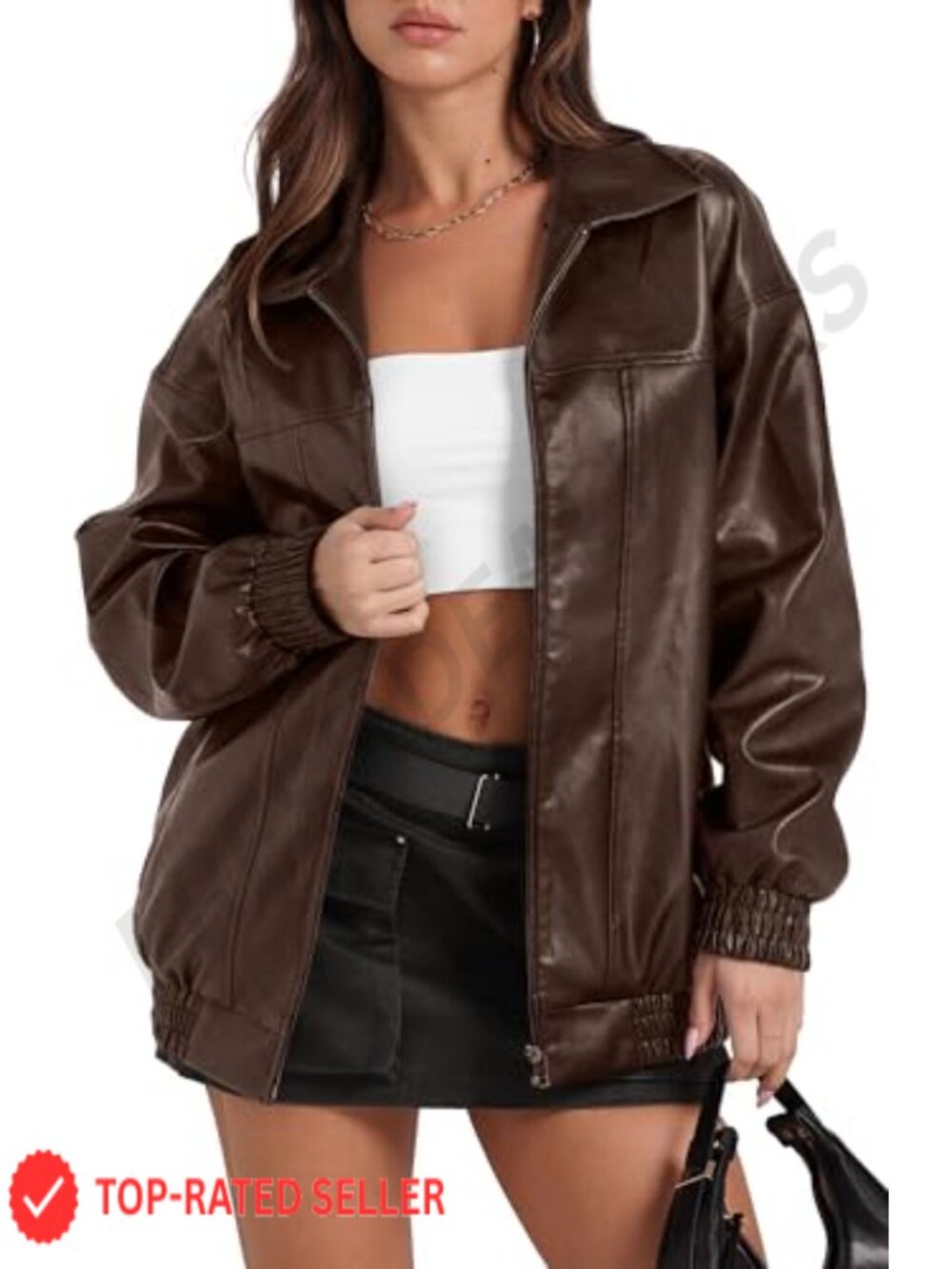 Faux Leather Oversized Motorcycle Bomber Jacket PU Zip Up Coat